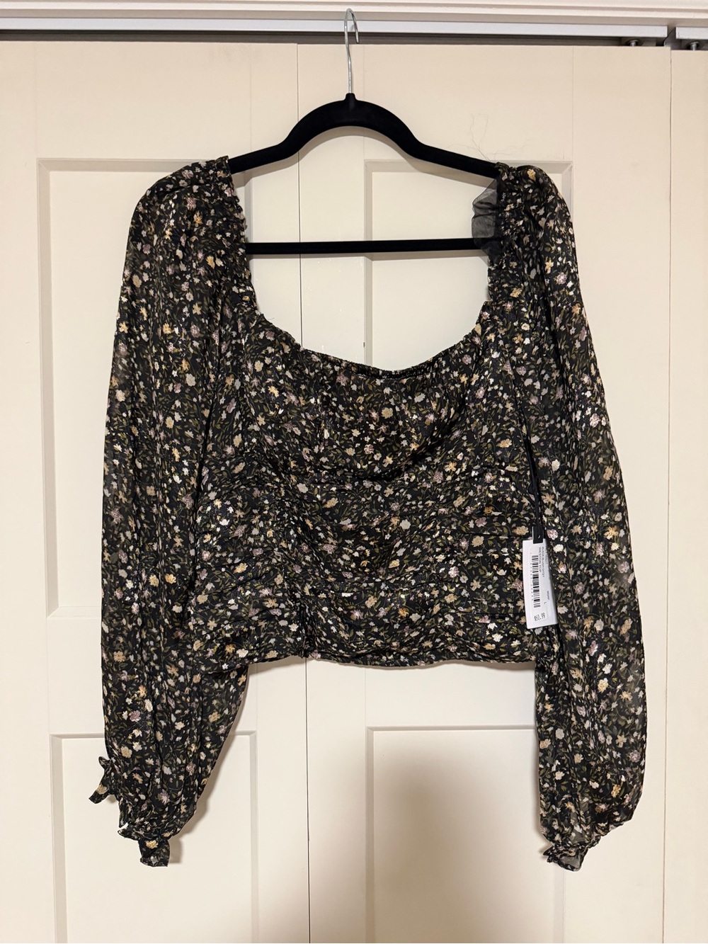 Astr Floral Square-Neck Long-Sleeve Crop Top - Black with Multi-Color Print